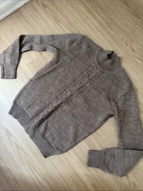 Vintage Japanese Classic Cable Knit Taupe Brown Mock Neck Sweater